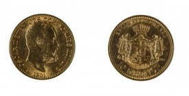 Svezia 
Oscar II (1872-1907) - 10 Kronor 1901 - Zecca: Stoccolma - Diritto: effigie del Re a destra - Rovescio: stemma coronato sorretto da due leoni...