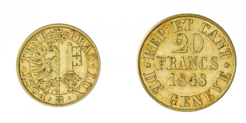 Svizzera 
Ginevra - 20 Franchi 1848 - Diritto: valore e data entro due rami di ...