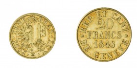 Svizzera 
Ginevra - 20 Franchi 1848 - Diritto: valore e data entro due rami di alloro e di quercia - Rovescio: stemma sormontato dal monogramma di Ge...