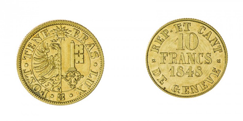 Svizzera 
Ginevra - 10 Franchi 1848 - Diritto: valore e data entro due rami di ...