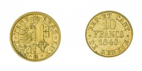 Svizzera 
Ginevra - 10 Franchi 1848 - Diritto: valore e data entro due rami di alloro e di quercia - Rovescio: stemma sormontato dal monogramma di Ge...