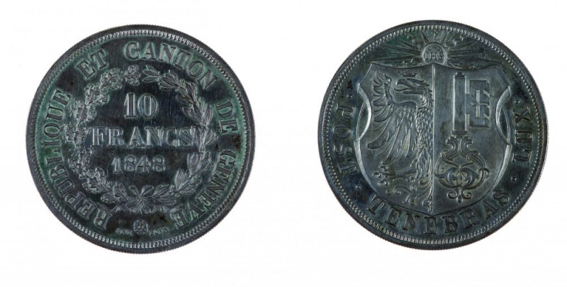 Svizzera 
Ginevra - 10 Franchi 1848 - Diritto: valore e data entro due rami di ...