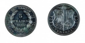 Svizzera 
Ginevra - 5 Franchi 1848 - Diritto: valore e data entro due rami di alloro e di quercia - Rovescio: stemma sormontato dal monogramma di Ges...