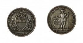 Svizzera 
Vaud - 1 Franco 1845 - Diritto: stemma sormontato da una corona di alloro e ornato da rami di palma - Rovescio: soldato stante di fronte co...