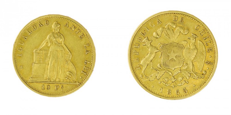 Cile 
Repubblica (dal 1818) - 10 Pesos 1865 - Zecca: Santiago del Cile - Diritt...
