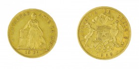 Cile 
Repubblica (dal 1818) - 10 Pesos 1865 - Zecca: Santiago del Cile - Diritto: Pallade Atena stante a destra appoggia la mano destra su un altare ...