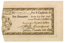 Biglietti di Credito verso le Regie Finanze di Torino Collezione Guido Crapanzano 
Biglietto da 200 Lire 1.1.1746 - Molto raro - Di alta qualità (Cra...