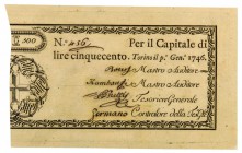 Biglietti di Credito verso le Regie Finanze di Torino Collezione Guido Crapanzano 
Biglietto da 500 Lire 1.1.1746 - Di grande rarità - Due forellini ...