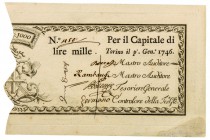 Biglietti di Credito verso le Regie Finanze di Torino Collezione Guido Crapanzano 
Biglietto da 1.000 Lire 1.1.1746 - Molto raro - Macchia di umidità...
