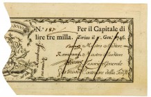 Biglietti di Credito verso le Regie Finanze di Torino Collezione Guido Crapanzano 
Biglietto da 3.000 Lire 1.1.1746 - Di grande rarità - Piega centra...