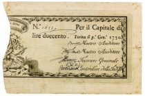 Biglietti di Credito verso le Regie Finanze di Torino Collezione Guido Crapanzano 
Biglietto da 200 Lire 1.1.1750 - Della massima rarità - Pieghe e p...