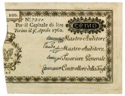 Biglietti di Credito verso le Regie Finanze di Torino Collezione Guido Crapanzano 
Biglietto da 100 Lire 1.4.1760 - Della massima rarità - Di alta qu...