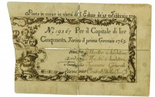 Biglietti di Credito verso le Regie Finanze di Torino Collezione Guido Crapanzano 
Biglietto da 50 Lire 1.1.1765 - Della massima rarità - Numerosi di...