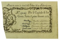 Biglietti di Credito verso le Regie Finanze di Torino Collezione Guido Crapanzano 
Biglietto da 100 Lire 1.1.1765 - Della massima rarità - Di alta qu...