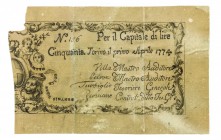 Biglietti di Credito verso le Regie Finanze di Torino Collezione Guido Crapanzano 
Biglietto da 50 Lire 1.4.1774 - Della massima rarità - Numerosi di...