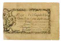 Biglietti di Credito verso le Regie Finanze di Torino Collezione Guido Crapanzano 
Biglietto da 100 Lire 1.4.1774 - Della massima rarità - Pieghe e f...