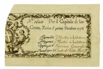 Biglietti di Credito verso le Regie Finanze di Torino Collezione Guido Crapanzano 
Biglietto da 100 Lire 1.10.1776 - Della massima rarità - Di alta q...