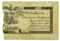 Biglietti di Credito verso le Regie Finanze di Torino Collezione Guido Crapanzano 
Biglietto da 200 Lire 1.7.1786 - Raro - Presenze di restauri (Cra....