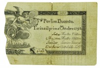 Biglietti di Credito verso le Regie Finanze di Torino Collezione Guido Crapanzano 
Biglietto da 200 Lire 1.10.1792 - Raro - Piega centrale (Cra. n. R...