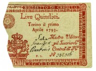 Biglietti di Credito verso le Regie Finanze di Torino Collezione Guido Crapanzano 
Biglietto da 15 Lire 1.4.1793 - Molto raro - Di qualità molto buon...