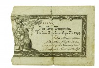 Biglietti di Credito verso le Regie Finanze di Torino Collezione Guido Crapanzano 
Biglietto da 300 Lire 1.4.1793 - Molto raro - Presenze di restauri...