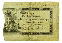 Biglietti di Credito verso le Regie Finanze di Torino Collezione Guido Crapanzano 
Biglietto da 600 Lire 1.4.1793 - Molto raro - Presenze di restauri...