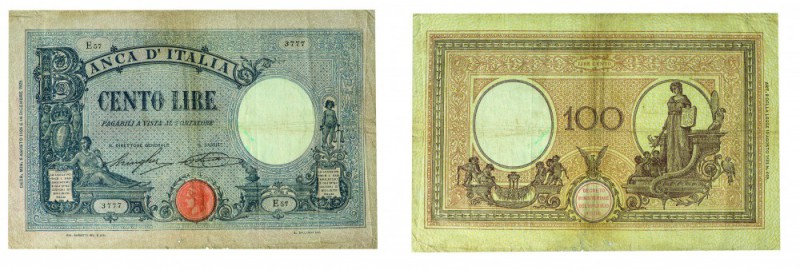 Regno d’Italia 
Biglietto di Banca da 100 Lire “Grande B - Azzurro” - D.M. 08.0...