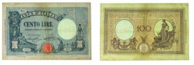 Regno d’Italia 
Biglietto di Banca da 100 Lire “Grande B - Azzurro” - D.M. 08.08.1927 - Raro - Difetti e forellini (Bol. n. B21) (Gig. n. BI16C) (Cra...