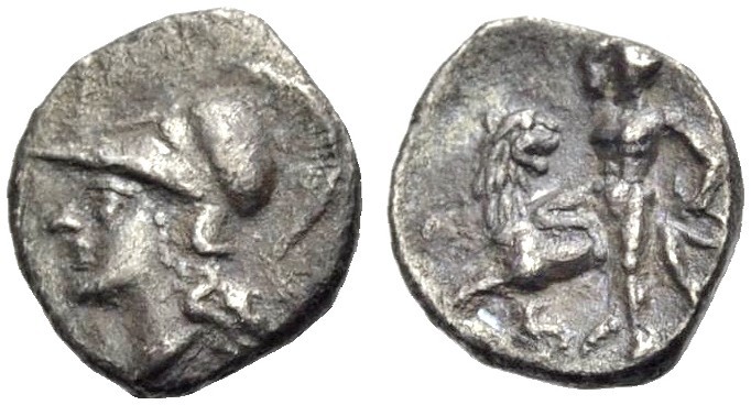 KALABRIEN. TARENT. Diobol, 302-228 v. Chr. Kopf der Athena im Helm n.l. Rv. Hera...