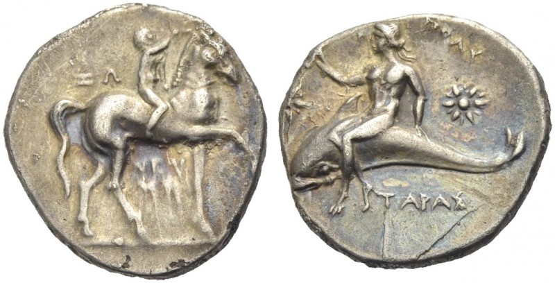 KALABRIEN. TARENT. Nomos, 280-272 v. Chr. Sein Pferd bekränzender jugendlicher R...