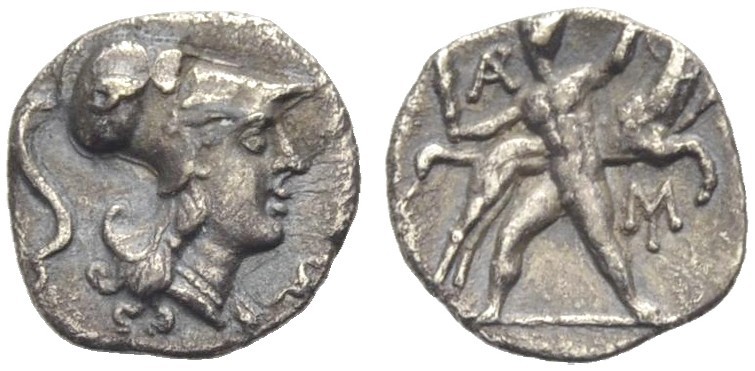 KALABRIEN. TARENT. Diobol, 280-228 v. Chr. Kopf der Athena im korinthischen Helm...