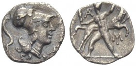 KALABRIEN. TARENT. Diobol, 280-228 v. Chr. Kopf der Athena im korinthischen Helm n. r., darauf Schlange. Rv. Der nackte Herakles frontal, mit Keule, b...