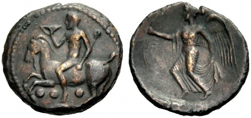 SIZILIEN. HIMERA. Tetras, Bronze, um 420 v. Chr. Nackter Jugendlicher mit Thyrso...