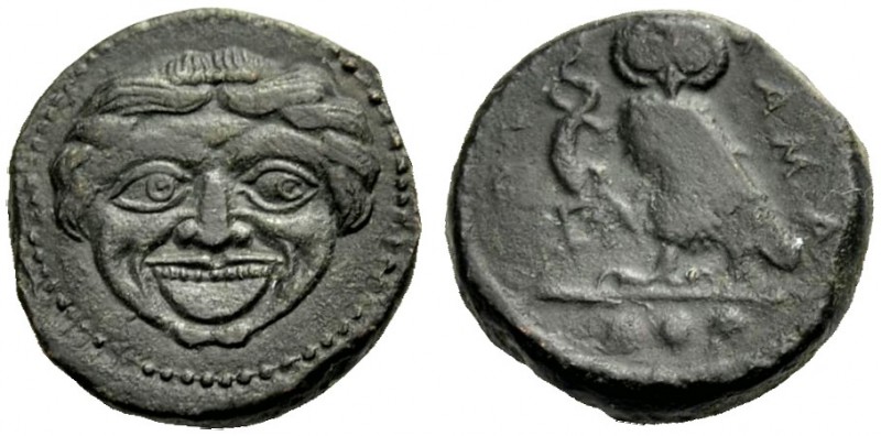 SIZILIEN. KAMARINA. Tetras, 420-410 v. Chr. Gorgoneion von vorne mit geflochenen...