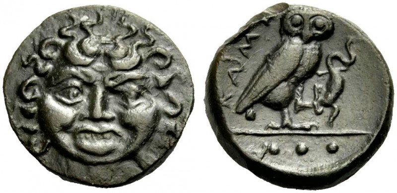 SIZILIEN. KAMARINA. Tetras, 420-405 v. Chr. Gorgonenkopf mit rundem Gesicht und ...