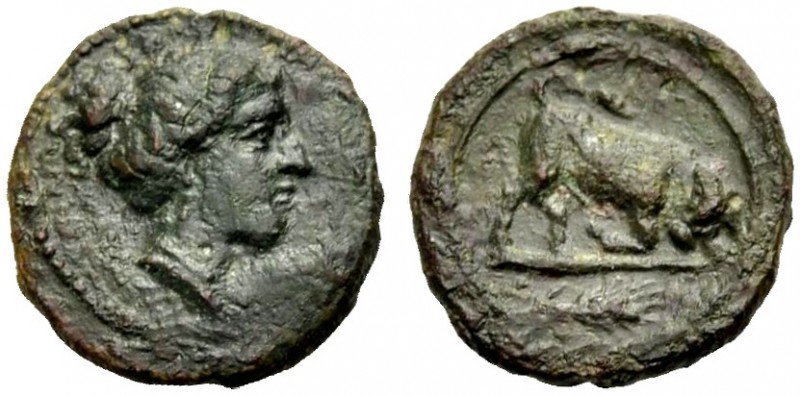 SIZILIEN. KAMARINA. Tetras, Bronze, 339-300 v. Chr. Nymphenkopf n. r. mit hochge...