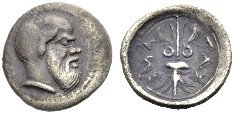 SIZILIEN. KATANE. Litra, 460-450 v. Chr. Kopf eines bärtigen und glatzköpfigen S...