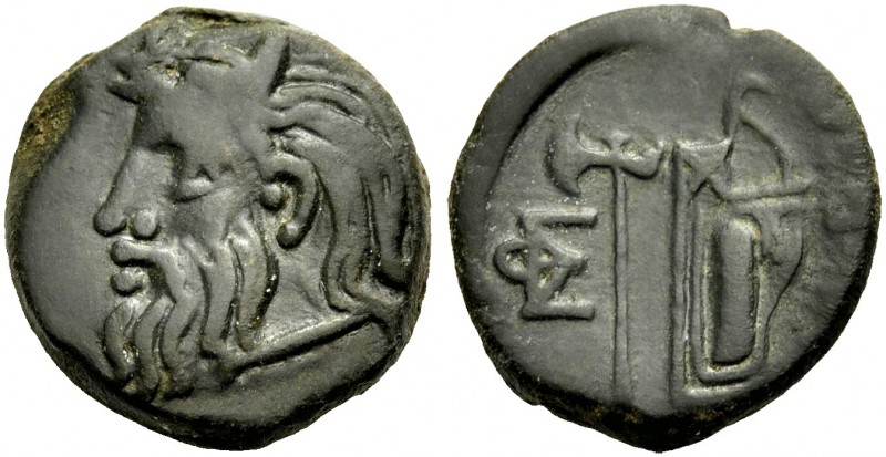 SARMATIEN. OLBIA. Bronze, 330-250 v. Chr. Gehörnter Kopf des androkephalen, bärt...