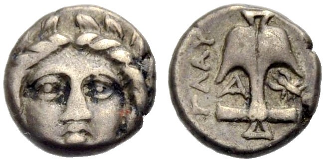 THRAKIEN. APOLLONIA PONTIKA. Diobol, 4. Jh. v. Chr. Kopf des Apollo von vorn. Rv...