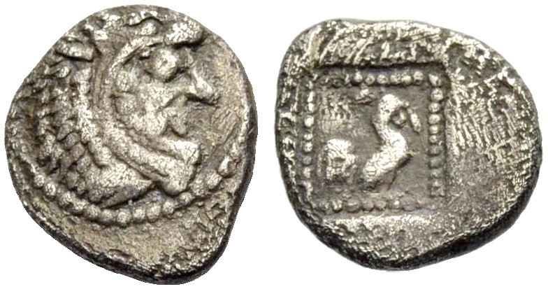THRAKIEN. DIKAIA. Triobol 500-480 v. Chr. Kopf des bärtigen Herakles im Löwenfel...