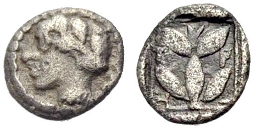 THRAKIEN. TRIEROS. Hemiobol, 420-380 v. Chr. Apollonkopf n.l. Rv. Τ-Ρ/Ι-Η Lorbee...