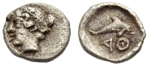 INSELN VOR THRAKIEN. THASOS. Hemiobol, c. 411-350 v. Chr. Nymphenkopf n. l. Rv. ...