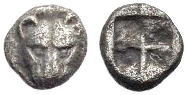 TAURISCHER CHERSONES. PANTIKAPAION. Tetartemorion, 480-470 v. Chr. Pantherkopf v...