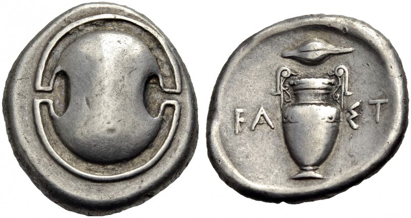 BOIOTIEN. THEBAI. Stater, 390-382 v. Chr. Boötischer Schild. Rv. Beamtenname FΑ-...