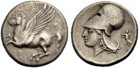 KORINTHIA. KORINTH. Stater, c. 375-300 v. Chr. Pegasos n.l. fliegend, darunter Quoppa. Rv. Kopf der Athena im korinthischen Helm n.l., davor I ; dahin...