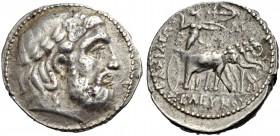 KÖNIGREICH DER SELEUKIDEN. Seleukos I. Nikator, 312-280 v. Chr. Tetradrachmon. Zeuskopf mit Lorbeerkranz n.r. im Perlenkreis. Rv. Athena in Elefantenq...