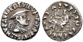 BAKTRIEN. Antialkidas, 115-95 v. Chr. Drachme. Drap. Büste mit Kausia und Diadem n. r., griechische Legende. Rv. Zeus n.l. thronend, kranztragende Nik...