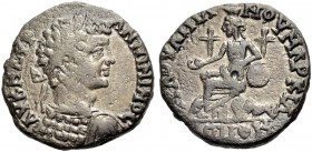 THRAKIEN. ANCHIALOS. Caracalla, 197-217. Bronze. Gep., belorbeerte Büste n. r., von hinten gesehen. Rv. Kybele n.l. sitzend. 10,46 g. AMNG II,521 vgl....