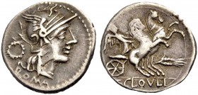 RÖMISCHE REPUBLIK. T. Cloulius, 128 v. Chr. Denar. ROMA Romakopf im geflügelten Helm n.r., dahinter Kranz. Rv. Victoria in einer Biga n.r., die Pferde...