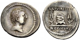 RÖMISCHE REPUBLIK. L. Livineius Regulus, 42 v. Chr. Denar. Kopf des L. Regulus (oder seines Vaters) n. r. Rv. L. LIVINEIVS / REGVLVS Modius zwischen z...